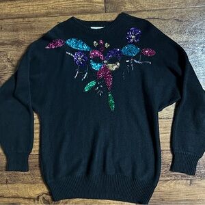 Marmie West • Vtg • 1980’s • Medium • Beaded/• Floral • Black • Sweater